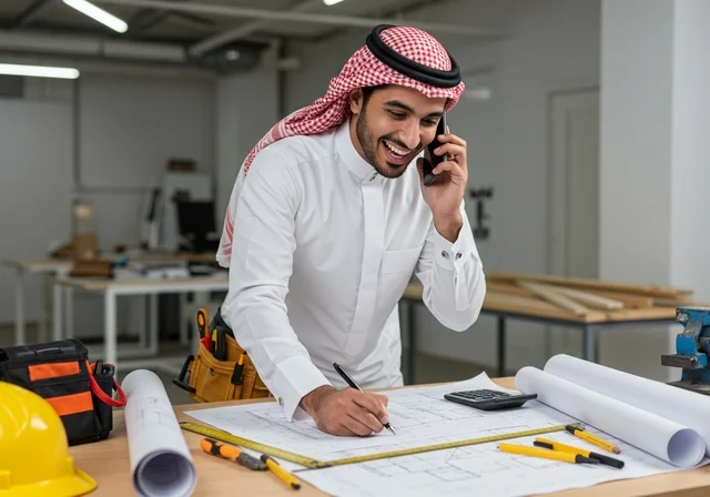 متابعة الأعمال والتصاميم عبر جهاز الهاتف المحمول، مهن ووظائف هندسية سعودية، المعدات والأدوات ومخططات البناء على طاولة مكتبية، إنجاز مهام العمل ورسم المشاريع بتقنيات حديثة ، رجل عربي خليجي سعودي يرتدي الزي التقليدي يقوم بإجراء مكالمة هاتفية ورسم المخططات