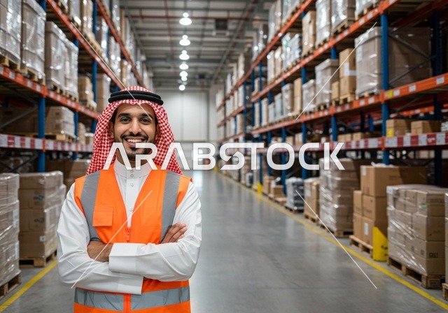 عمليات الاستلام والتخزين, مفهوم إدارة المخزون, مركز التوزيع والخدمات, مخازن معامل ومصانع المملكة العربية السعودية، عامل مستودعات عربي خليجي سعودي يرتدي سترة الحماية يقف بإيماءات أيدي متقاطعة, صناديق وكراتين مغلفة داخل المستودع