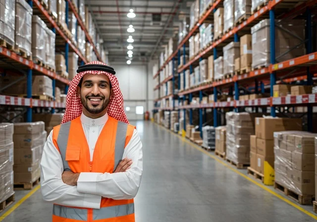 Receiving and storage operations, the concept of inventory management, distribution and service center, warehouses of laboratories and factories in the Kingdom of Saudi Arabia, an Arab Gulf Saudi warehouse worker wearing a safety vest standing with crossed arms, boxes and cartons wrapped inside the warehouse.