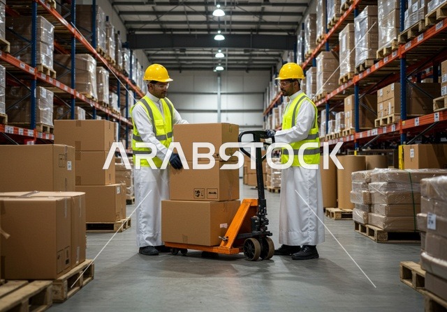 Receiving and storage operations, the concept of inventory management, distribution and service center, warehouses of laboratories and factories in the Kingdom of Saudi Arabia, two Arab Gulf Saudi warehouse workers wearing vests and safety helmets are organizing and moving wrapped boxes and cartons inside the warehouse.