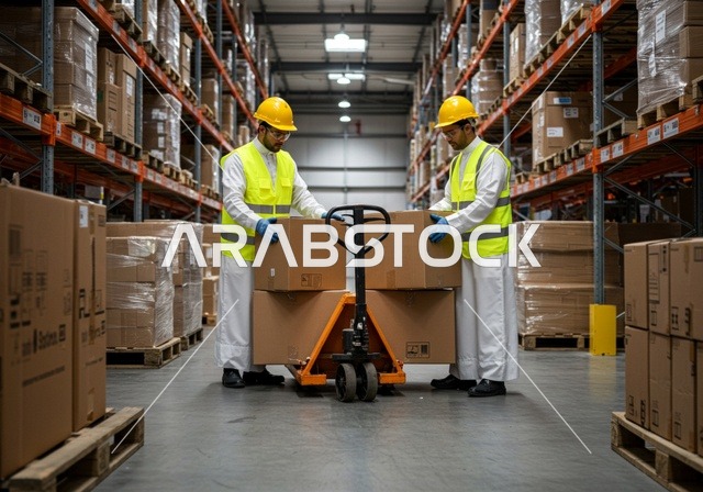 عمليات الاستلام والتخزين, مفهوم إدارة المخزون, مركز التوزيع والخدمات, مخازن معامل ومصانع المملكة العربية السعودية، عاملان مستودعات عربيان خليجيان سعوديان يرتديان سترة وخوذة الحماية يقومان بترتيب ونقل صناديق وكراتين مغلفة داخل المستودع
