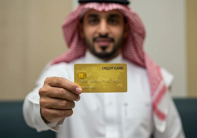The possibility of paying bills remotely, a Gulf Arab Saudi man wearing traditional attire and a bisht uses a bank credit card for online shopping, purchasing, and payment through internet programs and applications.