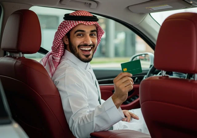 امكانية تسديد الفواتير عن بعد, ، رجل عربي خليجي سعودي يرتدي الزي التقليدي يجلس في سيارته يستخدم بطاقة الإئتمان البنكيه في التسوق الالكتروني, الشراء والدفع عبر برامج و تطبيقات الانترنت، النظر إلى الكاميرا بإيماءات السرور