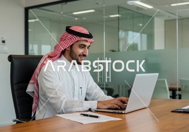 استخدام الأجهزة الحديثة لإنجاز المهام، رجل عربي خليجي سعودي يرتدي الثوب التقليدي و الشماغ يجلس في المكتب و يعمل على جهاز الحاسوب المحمول، دمج التقنيات المتطورة في الحياة اليومية