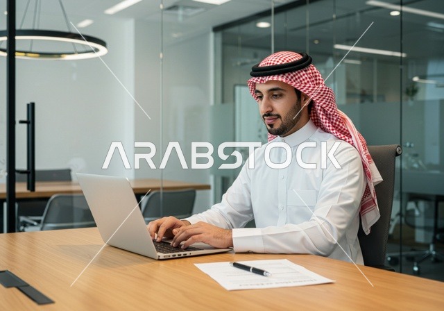 استخدام الأجهزة الحديثة لإنجاز المهام، رجل عربي خليجي سعودي يرتدي الثوب التقليدي و الشماغ يجلس في المكتب و يعمل على جهاز الحاسوب المحمول، دمج التقنيات المتطورة في الحياة اليومية
