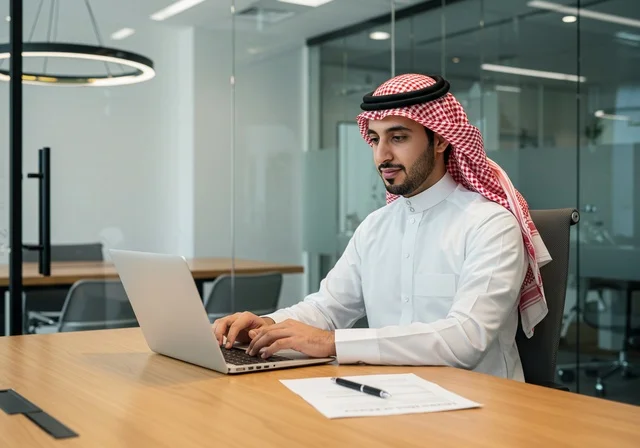 استخدام الأجهزة الحديثة لإنجاز المهام، رجل عربي خليجي سعودي يرتدي الثوب التقليدي و الشماغ يجلس في المكتب و يعمل على جهاز الحاسوب المحمول، دمج التقنيات المتطورة في الحياة اليومية