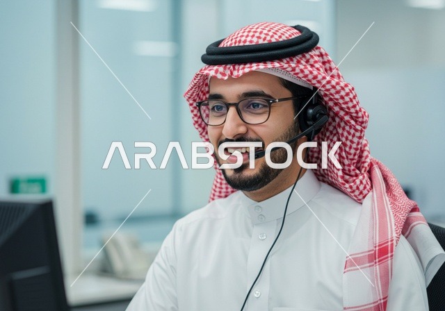 The concept of customer service, the inquiries and communication department, answering questions and inquiries, an Arab Gulf Saudi man wearing a ghutrah and traditional thobe, wearing headphones, working on a laptop, office professions and jobs, integrating work with technology and computers.