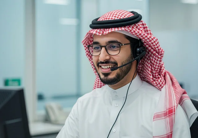 مفهوم خدمة العملاء, قسم الاستعلامات والاتصال، الإجابة على الأسئلة والاستفسارات، رجل عربي خليجي سعودي يرتدي الشماغ والثوب التقليدي يضع سماعة الهيدفون يقوم بالعمل عبر الحاسوب المحمول, مهن ووظائف مكتبية, دمج العمل مع التقنية والحاسب