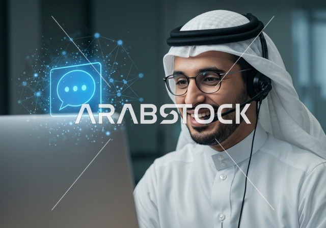 مفهوم خدمة العملاء, قسم الاستعلامات والاتصال، الإجابة على الأسئلة والاستفسارات، رجل عربي خليجي سعودي يرتدي الشماغ والثوب التقليدي يضع سماعة الهيدفون يقوم بالعمل عبر الحاسوب المحمول, مهن ووظائف مكتبية, دمج العمل مع التقنية والحاسب