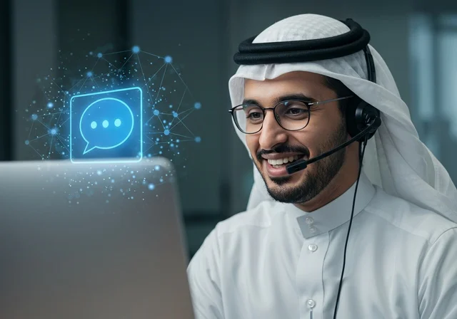 The concept of customer service, the inquiries and communication department, answering questions and inquiries, an Arab Gulf Saudi man wearing a ghutrah and traditional thobe, wearing headphones, working on a laptop, office professions and jobs, integrating work with technology and computers.