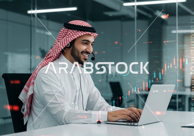 مفهوم خدمة العملاء, قسم الاستعلامات والاتصال، الإجابة على الأسئلة والاستفسارات، رجل عربي خليجي سعودي يرتدي الشماغ والثوب التقليدي يضع سماعة الهيدفون يقوم بالعمل عبر الحاسوب المحمول, مهن ووظائف مكتبية, دمج العمل مع التقنية والحاسب