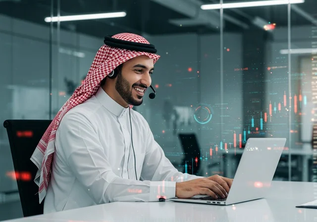 مفهوم خدمة العملاء, قسم الاستعلامات والاتصال، الإجابة على الأسئلة والاستفسارات، رجل عربي خليجي سعودي يرتدي الشماغ والثوب التقليدي يضع سماعة الهيدفون يقوم بالعمل عبر الحاسوب المحمول, مهن ووظائف مكتبية, دمج العمل مع التقنية والحاسب