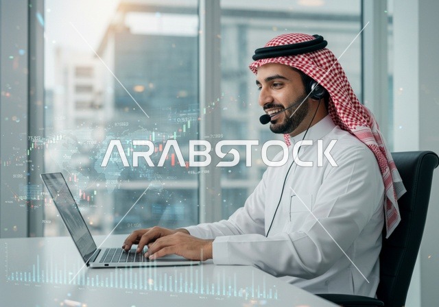 The concept of customer service, the inquiries and communication department, answering questions and inquiries, an Arab Gulf Saudi man wearing a ghutrah and traditional thobe, wearing headphones, working on a laptop, office professions and jobs, integrating work with technology and computers.