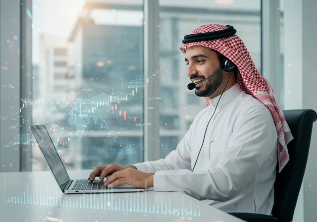 The concept of customer service, the inquiries and communication department, answering questions and inquiries, an Arab Gulf Saudi man wearing a ghutrah and traditional thobe, wearing headphones, working on a laptop, office professions and jobs, integrating work with technology and computers.