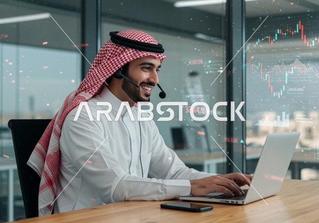 مفهوم خدمة العملاء, قسم الاستعلامات والاتصال، الإجابة على الأسئلة والاستفسارات، رجل عربي خليجي سعودي يرتدي الشماغ والثوب التقليدي يضع سماعة الهيدفون يقوم بالعمل عبر الحاسوب المحمول, مهن ووظائف مكتبية, دمج العمل مع التقنية والحاسب