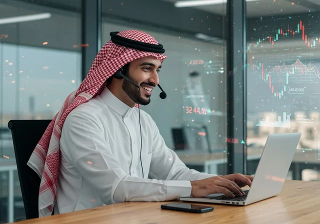 The concept of customer service, the inquiries and communication department, answering questions and inquiries, an Arab Gulf Saudi man wearing a ghutrah and traditional thobe, wearing headphones, working on a laptop, office professions and jobs, integrating work with technology and computers.