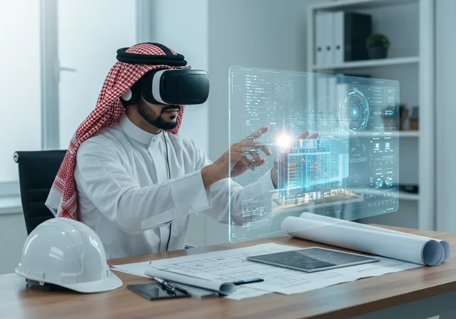 Simulation of the imaginary world, integration and interaction with virtual reality, an Arab Gulf Saudi man wearing traditional thobe and ghutrah puts on VR glasses and touches a three-dimensional holographic screen, using modern and advanced technologies in engineering work.