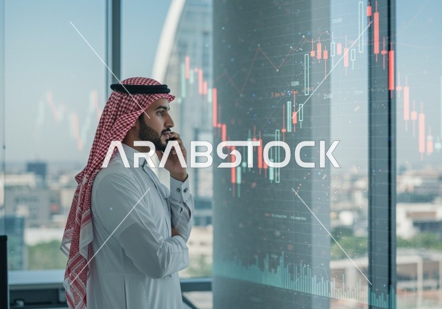 Statistical charts for the financial stock market using 3D hologram technology, digital e-commerce, an Arab Gulf Saudi man wearing traditional attire making a phone call, monitoring stock indices and financial investment charts, growth and development in the economic field in Saudi Arabia.