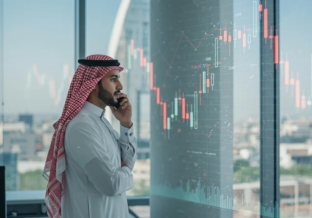 Statistical charts for the financial stock market using 3D hologram technology, digital e-commerce, an Arab Gulf Saudi man wearing traditional attire making a phone call, monitoring stock indices and financial investment charts, growth and development in the economic field in Saudi Arabia.