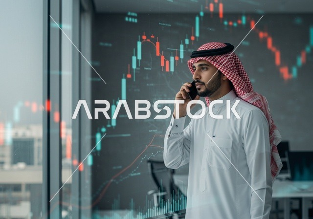 Statistical charts for the financial stock market using 3D hologram technology, digital e-commerce, an Arab Gulf Saudi man wearing traditional attire making a phone call, monitoring stock indices and financial investment charts, growth and development in the economic field in Saudi Arabia.