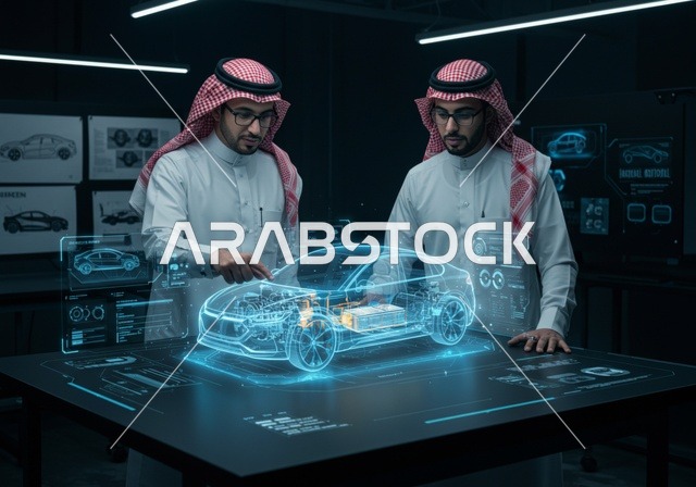 The concept of the automotive industry, Saudi Vision 2030, engineering plans and designs for future projects, technical and technological progress and development, a Saudi Arabian Gulf man wearing a shemagh and thobe standing with his colleague interacting and merging with three-dimensional holograms of the prototype car body.