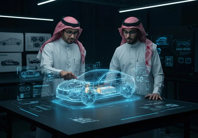 مفهوم صناعة السيارات, رؤية مستقبلية سعودية 2030, المخططات والتصاميم الهندسية لمشاريع المستقبل, التقدم والتطور التقني والتكنولوجي, رجل عربي خليجي سعودي يرتدي الشماغ والثوب يقف مع زميله يتفاعل ويندمج مع رسوم هولوجرامية ثلاثية الابعاد للنموذج الأولي لهيكل السيارة