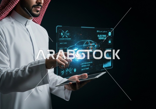 مفهوم صناعة السيارات, رؤية مستقبلية سعودية 2030, المخططات والتصاميم الهندسية لمشاريع المستقبل, التقدم والتطور التقني والتكنولوجي, رجل عربي خليجي سعودي يرتدي الشماغ والثوب التقليدي يتفاعل ويندمج مع رسوم هولوجرامية ثلاثية الابعاد للنموذج الأولي لهيكل السيارة