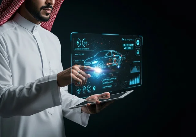 مفهوم صناعة السيارات, رؤية مستقبلية سعودية 2030, المخططات والتصاميم الهندسية لمشاريع المستقبل, التقدم والتطور التقني والتكنولوجي, رجل عربي خليجي سعودي يرتدي الشماغ والثوب التقليدي يتفاعل ويندمج مع رسوم هولوجرامية ثلاثية الابعاد للنموذج الأولي لهيكل السيارة