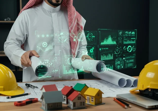 الاستفادة من التقنيات الحديثة والتكنولوجيا المتطورة في مجال الهندسة، مهندس عربي خليجي سعودي يرتدي الزي التقليدي يقوم بالنقر على أيقونات هولوجرامية تظهر في شاشة مضيئة، تجهيز المخططات الهندسية ، مهن ووظائف سعودية