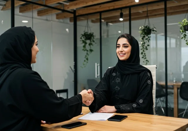 Successful new business deals between businesswomen, friendships and networking, and building social relationships among employees, partnerships in business and projects, two Arab Gulf Saudi women shaking hands, expanding work fields, office jobs and professions for women.