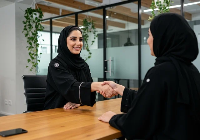Successful new business deals between businesswomen, friendships and networking, and building social relationships among employees, partnerships in business and projects, two Arab Gulf Saudi women shaking hands, expanding work fields, office jobs and professions for women.
