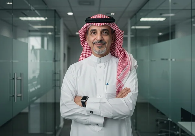 The concept of elegance, masculinity, and attention to appearance; a smiling Arab Gulf Saudi man wearing a ghutrah and traditional thobe stands with his arms crossed, exuding confidence, looking at the camera with expressions of joy.