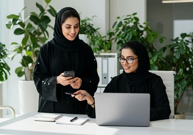 دمج العمل مع التقنية والتكنولوجيا، الاحترافية في أداء المهام للتطور المهني و تحقيق الأهداف،  زميلتان عربيتان خليجيتان سعوديتان مبتسمتان تقومان بإنجاز المهام عبر الحاسوب المحمول، الاشارة الى اللابتوب، العمل الجماعي و روح الفريق الواحد