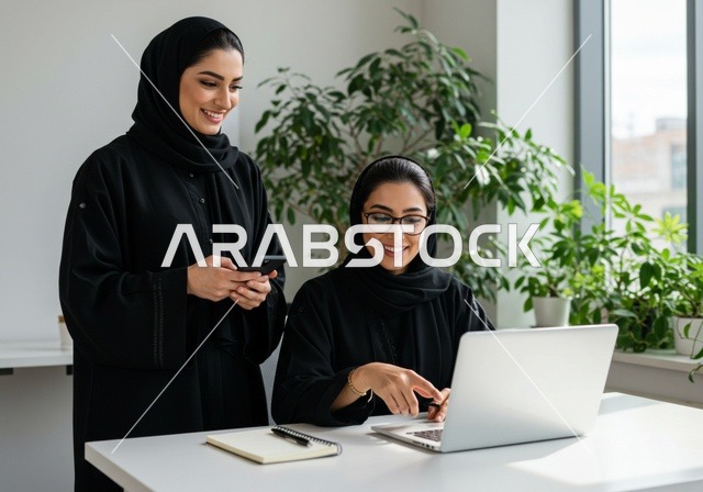 دمج العمل مع التقنية والتكنولوجيا، الاحترافية في أداء المهام للتطور المهني و تحقيق الأهداف،  زميلتان عربيتان خليجيتان سعوديتان مبتسمتان تقومان بإنجاز المهام عبر الحاسوب المحمول، الاشارة الى اللابتوب، العمل الجماعي و روح الفريق الواحد