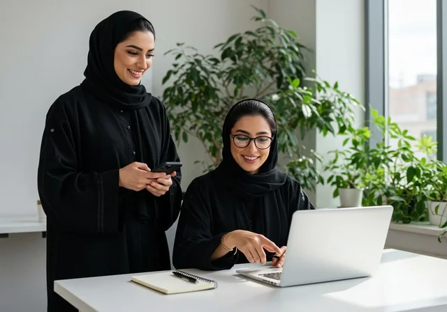 دمج العمل مع التقنية والتكنولوجيا، الاحترافية في أداء المهام للتطور المهني و تحقيق الأهداف،  زميلتان عربيتان خليجيتان سعوديتان مبتسمتان تقومان بإنجاز المهام عبر الحاسوب المحمول، الاشارة الى اللابتوب، العمل الجماعي و روح الفريق الواحد