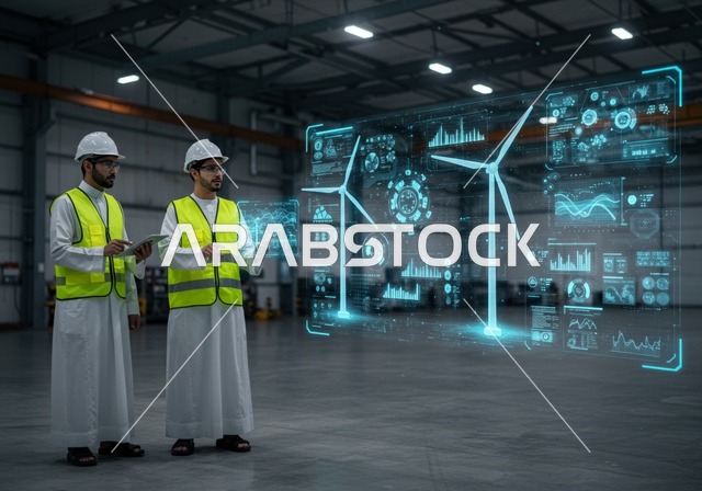 Monitoring the implementation of engineering plans, companies specialized in construction workshops and contracting, planning and establishing the fundamentals of architectural designs, two Arab Gulf engineers from Saudi Arabia wearing safety vests are discussing the workflow steps by looking at a hologram screen.