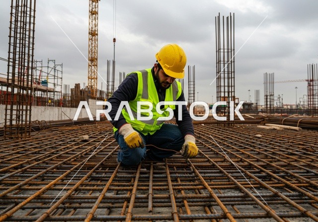 العمل في موقع الأنشاءات، مراقبة أعمال البناء وصب الخرسانات ووضع الأساسات الأولية، مهنة ووظيفة هندسية شبابية، مهندس عربي خليجي سعودي يرتدي السترة والخوذة يقوم بالاشراف على مبنى قيد الإنشاء والتشييد، مفهوم الهندسة الانشائية والمعمارية