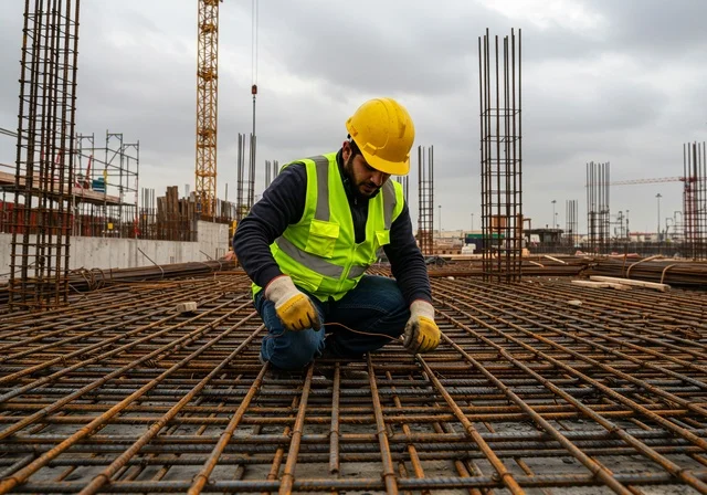 العمل في موقع الأنشاءات، مراقبة أعمال البناء وصب الخرسانات ووضع الأساسات الأولية، مهنة ووظيفة هندسية شبابية، مهندس عربي خليجي سعودي يرتدي السترة والخوذة يقوم بالاشراف على مبنى قيد الإنشاء والتشييد، مفهوم الهندسة الانشائية والمعمارية