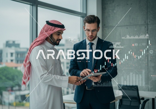 الرغبة في تعلم أساليب العمل و التطور المهني، رجال أعمال عربيين خليجيين سعوديين مبتسمين  يقومان بمراجعة البيانات من خلال جهاز التابلت ، تحقيق أهداف الشركة وحل المشكلات، عرض مزايا الصفقات الجديدة، رجل عربي يرتدي الثوب التقليدي الأبيض