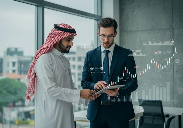 الرغبة في تعلم أساليب العمل و التطور المهني، رجال أعمال عربيين خليجيين سعوديين مبتسمين  يقومان بمراجعة البيانات من خلال جهاز التابلت ، تحقيق أهداف الشركة وحل المشكلات، عرض مزايا الصفقات الجديدة، رجل عربي يرتدي الثوب التقليدي الأبيض