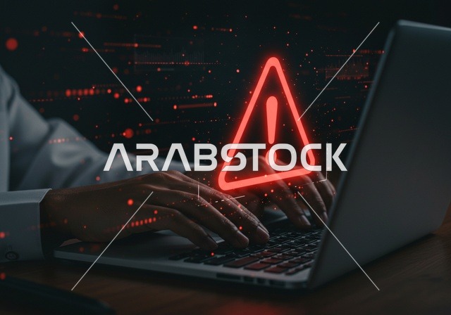 اشارة تحذيرية بحدوث اختراق في جهاز الحاسوب، انبعاث ضوء أحمر على شكل مثلث من شاشة اللابتوب، رجل عربي خليجي سعودي يقوم بالعمل على جهاز حاسب محمول، مهارة الكتابة السريعة على لوحة المفاتيح، محاولة وقف الاختراق