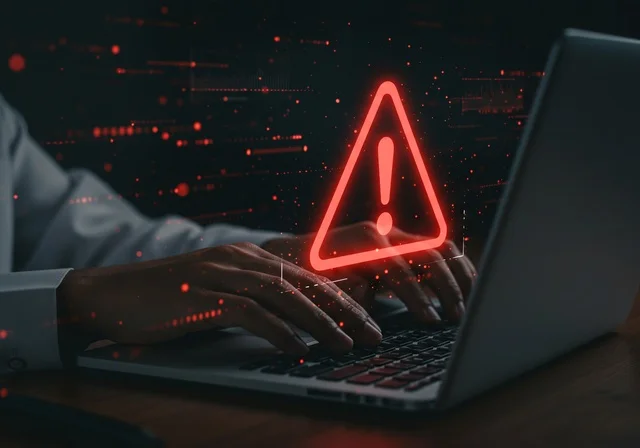اشارة تحذيرية بحدوث اختراق في جهاز الحاسوب، انبعاث ضوء أحمر على شكل مثلث من شاشة اللابتوب، رجل عربي خليجي سعودي يقوم بالعمل على جهاز حاسب محمول، مهارة الكتابة السريعة على لوحة المفاتيح، محاولة وقف الاختراق