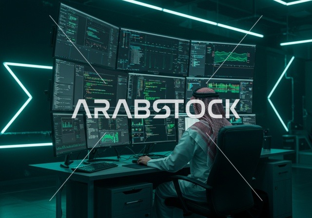 الجلوس بتعابير الثقة بالنفس, صورة من الخلف لرجل اعمال عربي خليجي سعودي يرتدي الثوب والشماغ التقليدي يجلس على المكتب يعمل على الحاسب المحمول وامامه شاشة  هولوجرامية مضيئة ضخمة, دمج التقنية المتطورة مع العمل