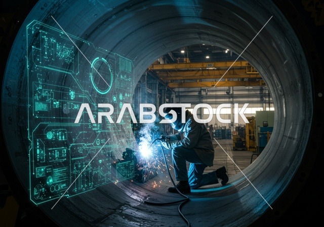 Technological and technical development, a Saudi Gulf Arab engineer wearing work attire performing welding tasks in front of a large illuminated holographic screen, integrating advanced technology with work, a Saudi Vision 2030 future perspective, repairing an automated engine in the factory, elements and symbols of three-dimensional holograms.