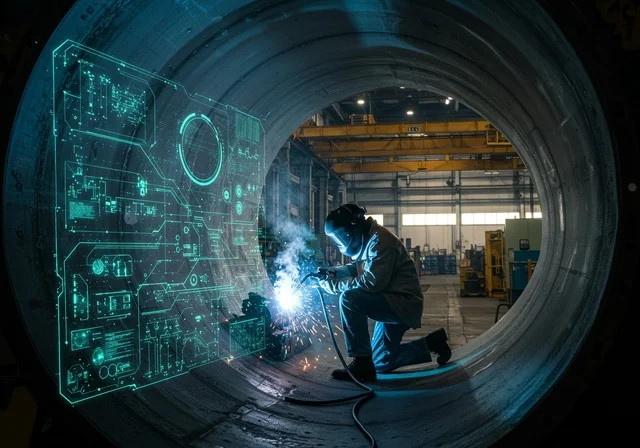 Technological and technical development, a Saudi Gulf Arab engineer wearing work attire performing welding tasks in front of a large illuminated holographic screen, integrating advanced technology with work, a Saudi Vision 2030 future perspective, repairing an automated engine in the factory, elements and symbols of three-dimensional holograms.