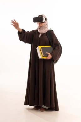 The concept of interaction and integration, merging modern technologies with learning, simulating the imaginary world, a side portrait of a university student, an Arab Gulf Saudi woman wearing a hijab, carrying a backpack, wearing 3D VR glasses, holding a collection of books, pointing with her hand to a certain place, a full-body image, white background.