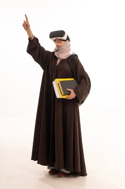 Integration with the imaginary world, the concept of interaction and integration, merging modern technologies with learning, a side portrait of a university student, an Arab Gulf Saudi woman wearing a hijab, carrying a backpack, wearing 3D VR glasses, holding a collection of books, pointing with her hand to a certain place, a full-body image, white background.