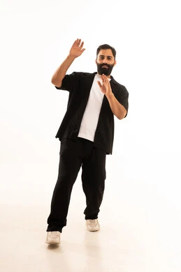 Protecting oneself from external harm, a request to stop and refrain and not to approach, a portrait of an Arab Gulf Omani man wearing casual attire looking at something above and raising his hands with expressions of fear and retreat, full body, white background.