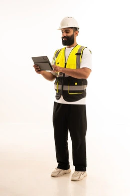 استخدام التكنولوجيا المتطورة، إدارة المشاريع بحرفية باستخدام الجهاز اللوحي ،العمل في القطاع الهندسي، مفهوم الهندسة والانشاءات المعماريه، بورتريه  لمهندس عربي خليجي عماني يرتدي الزي الكاجوال والخوذة وسترة الحماية يمسك بيده التابلت ، خلفية بيضاء