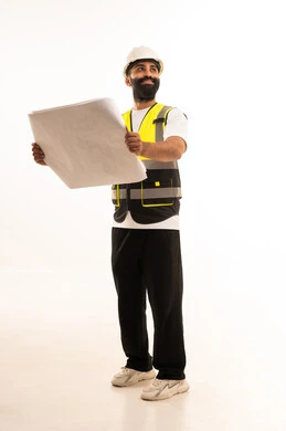 The concept of architectural constructions, a portrait of an Arab Gulf Omani engineer wearing casual attire, a helmet, and a safety vest holding a blueprint in his hands, working in the field of engineering, a profession and job for youth in the Sultanate of Oman, supervising engineering project plans, full-body, white background.